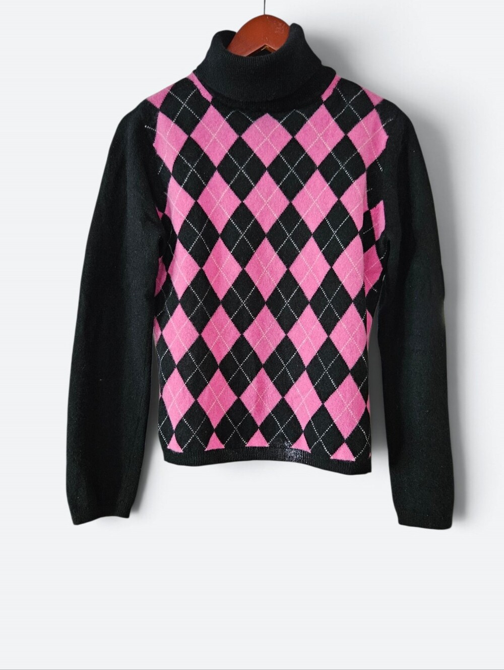Vintage Apt 9 100% Cashmere Y2K Pink Argyle Diamond Pattern Turtleneck Sweater L